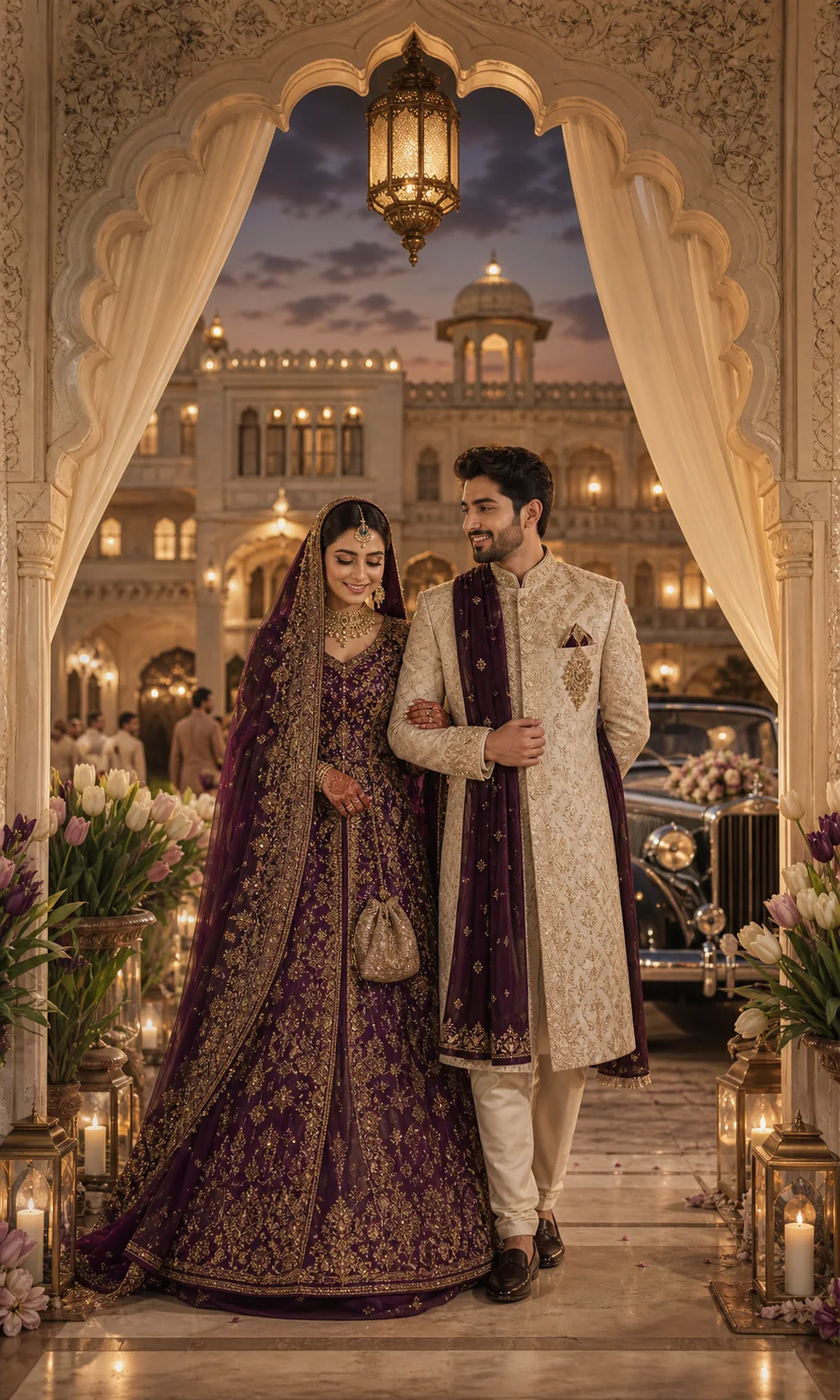 A Pakistani bride and groom arriving beneath an illuminated palace arch framed with tulips for their Barat