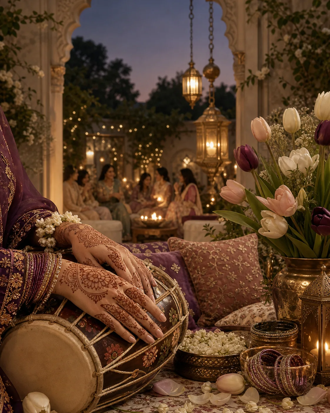 Henna-adorned hands resting on a dholki in a lantern-lit Pakistani Mehndi courtyard with tulips